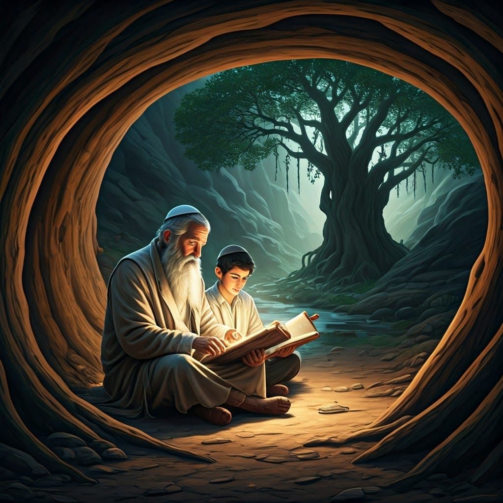 Two Devout Scholars Study Torah in a Mystical Cave