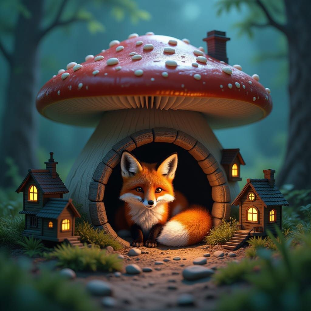 Cozy Fox Den in Mushroom Village, 3D Render