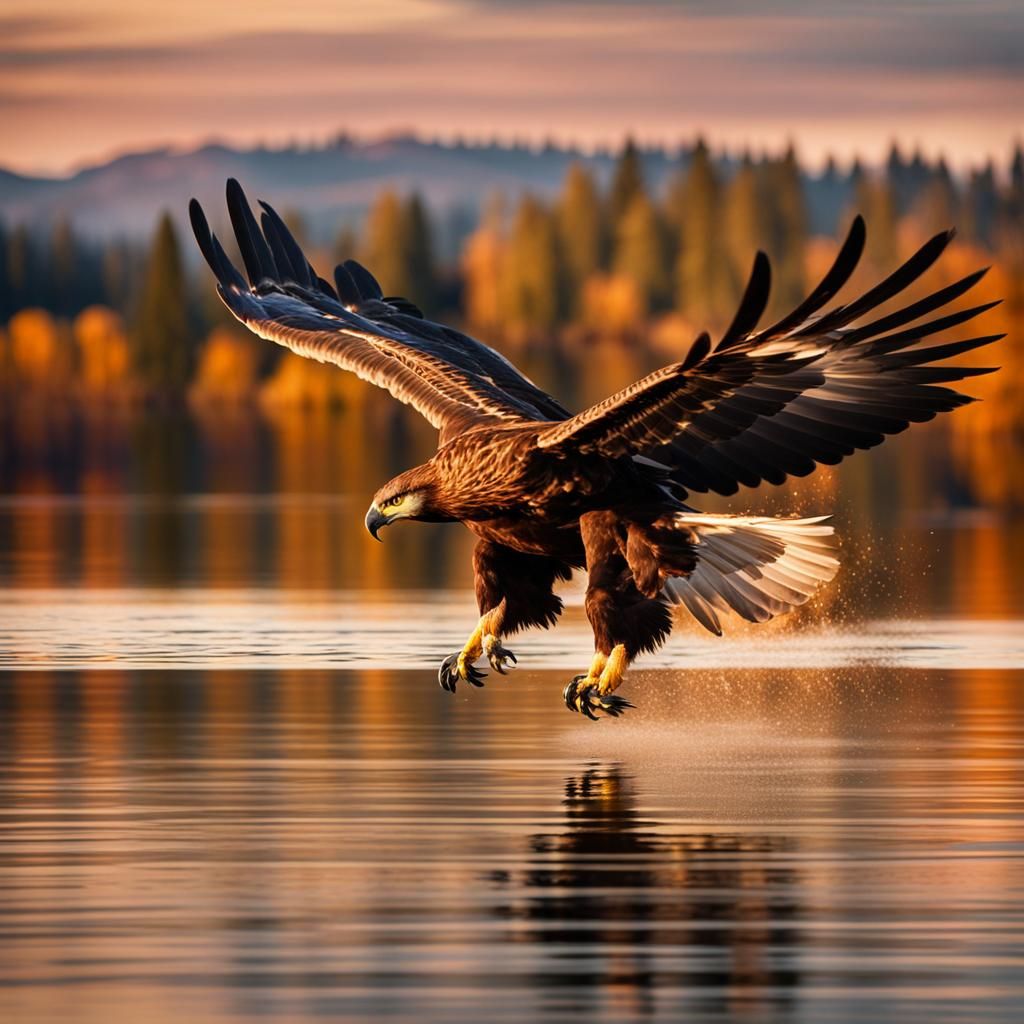 A hyper-realistic, ultra-detailed photograph of a golden eagle flying over a lake at sunset, the golden eagle has a movement effect on its w...