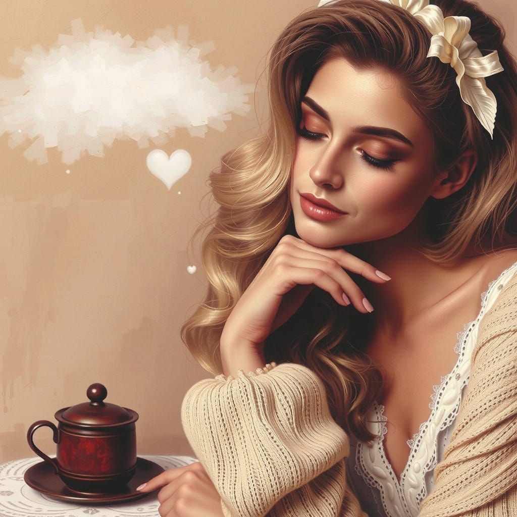 Sur un fond beige doré, une très belle femme qui rêve, elle revit des souvenirs passés, tons doux