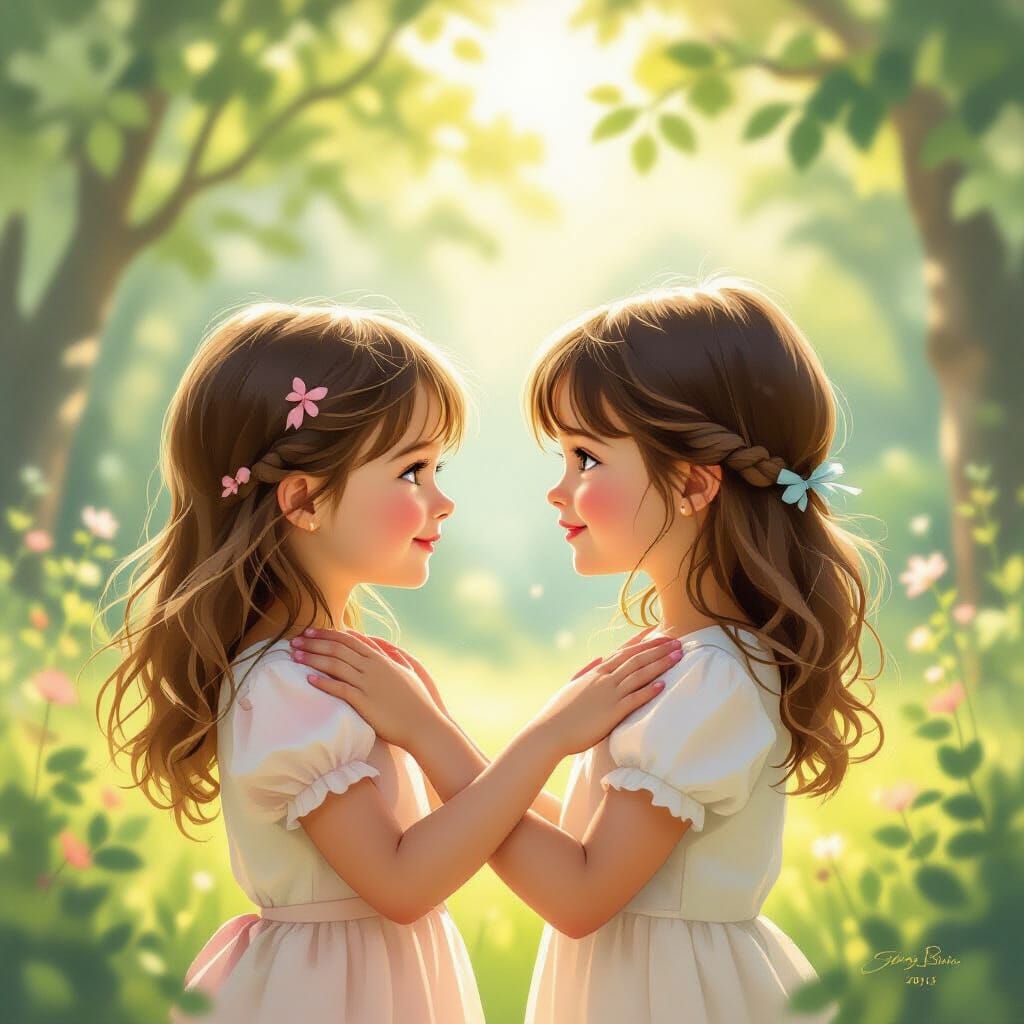 Two Young Girls in Sunlit Forest Clearing