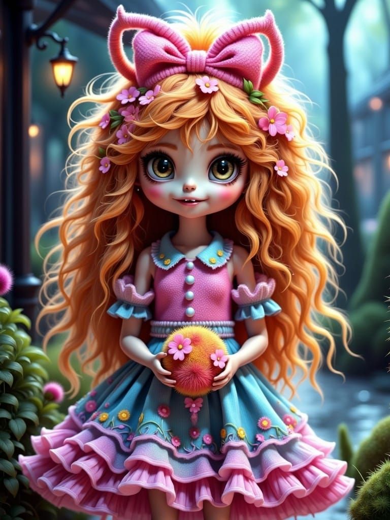 A cute very hairy beautiful <lora:Flux Furry Fantasy:1.0> GIRL Monster; DOLL; dynamic pose; wearing a fancy cute dress; pink ribbon in her h...