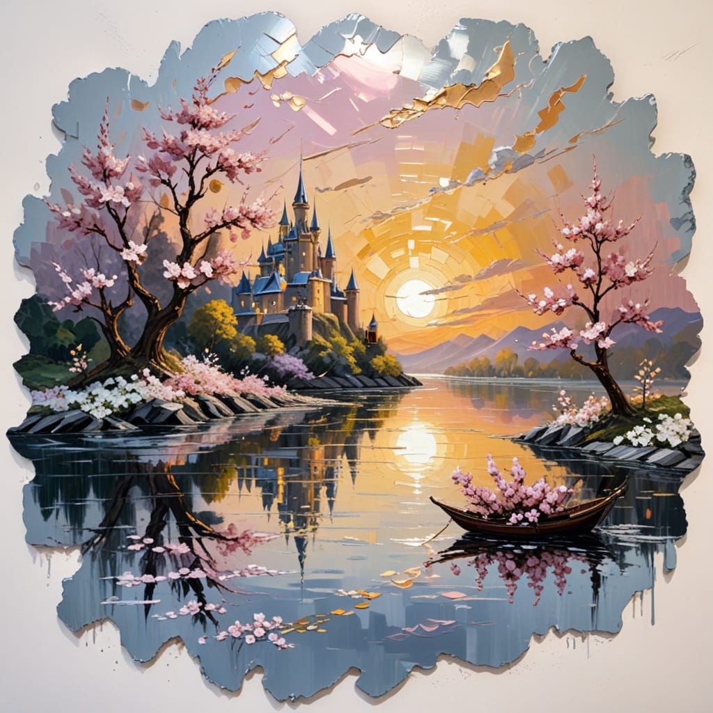 Majestic Castle & Ship Impasto Oil Painting