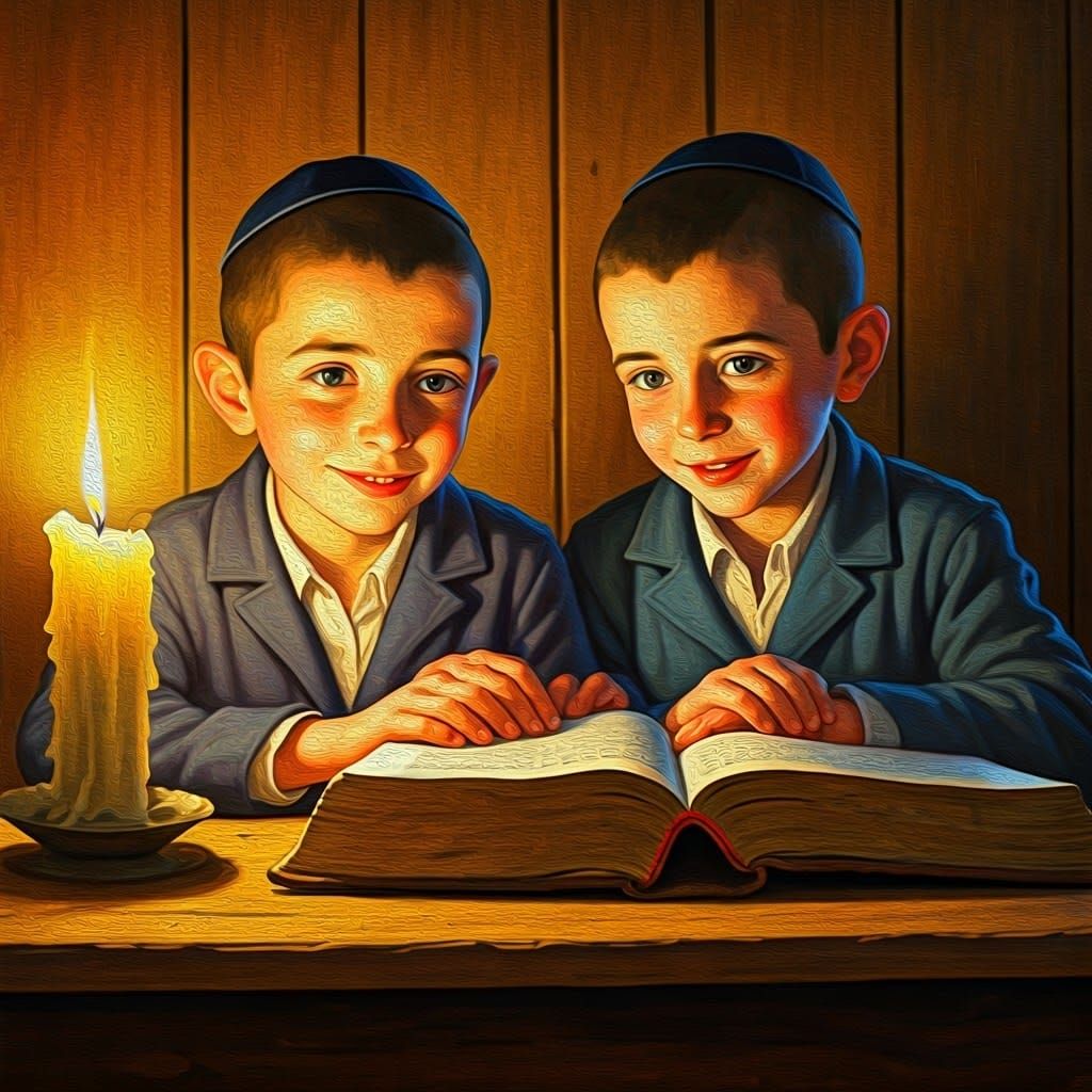 Traditional Hasidic Children Studying Torah in Intimate Wood...