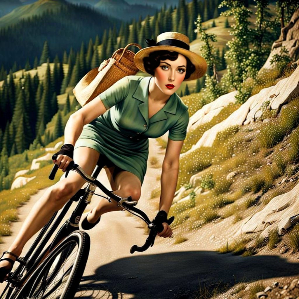 Art Deco Lady Cyclist on Mountain Slope
