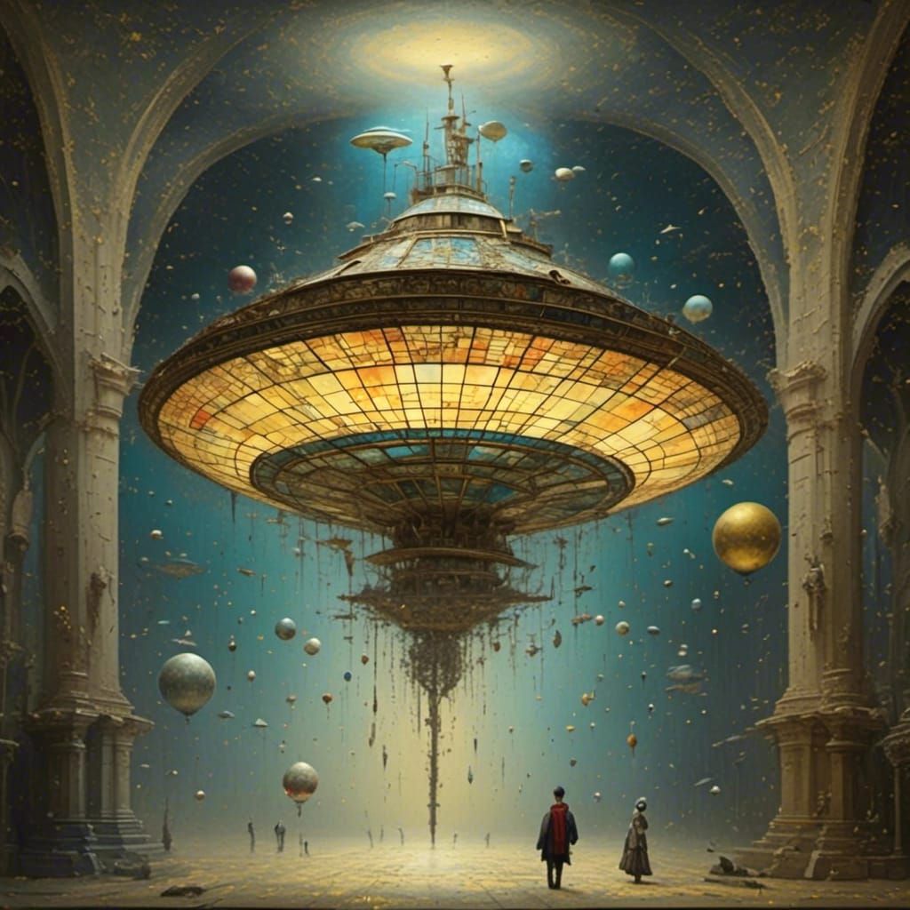 Vibrant Stained Glass UFO Sails Over Realistic Landscape in....