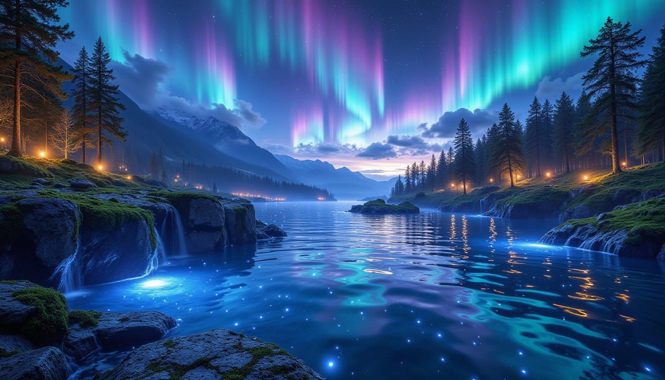 Magical Firefly Lagoon with Aurora Sky ✨🌌