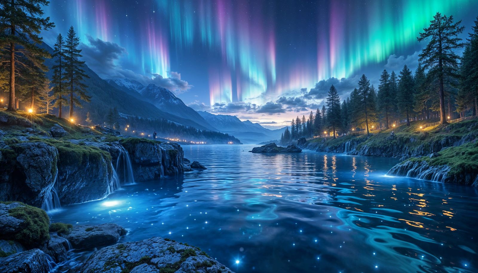 Magical Firefly Lagoon with Aurora Sky ✨🌌