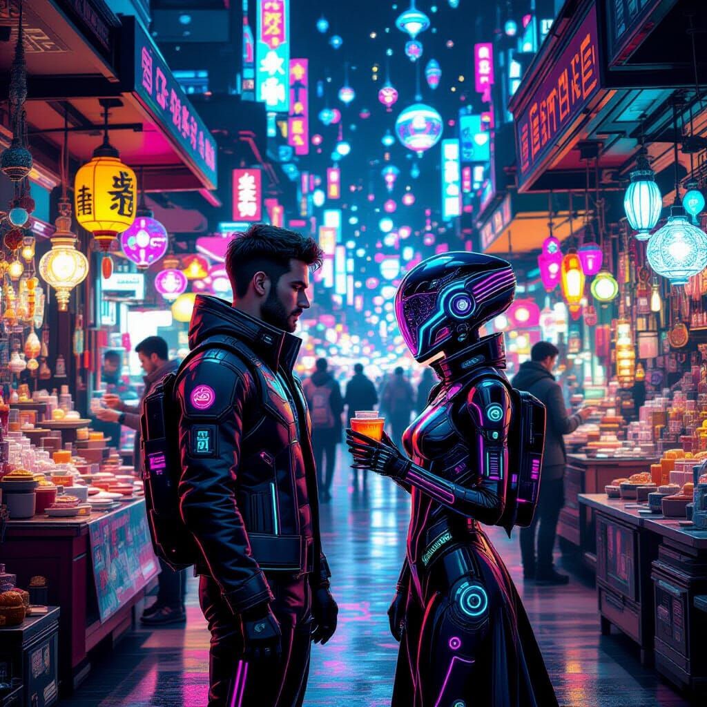 An alien market bustling with stalls, unusual goods, and beings from across the galaxy.  Vendors and ...  by @ZMED