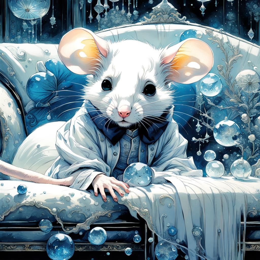 Whimsical Albino Mouse Enjoys Ethereal Winter Scene