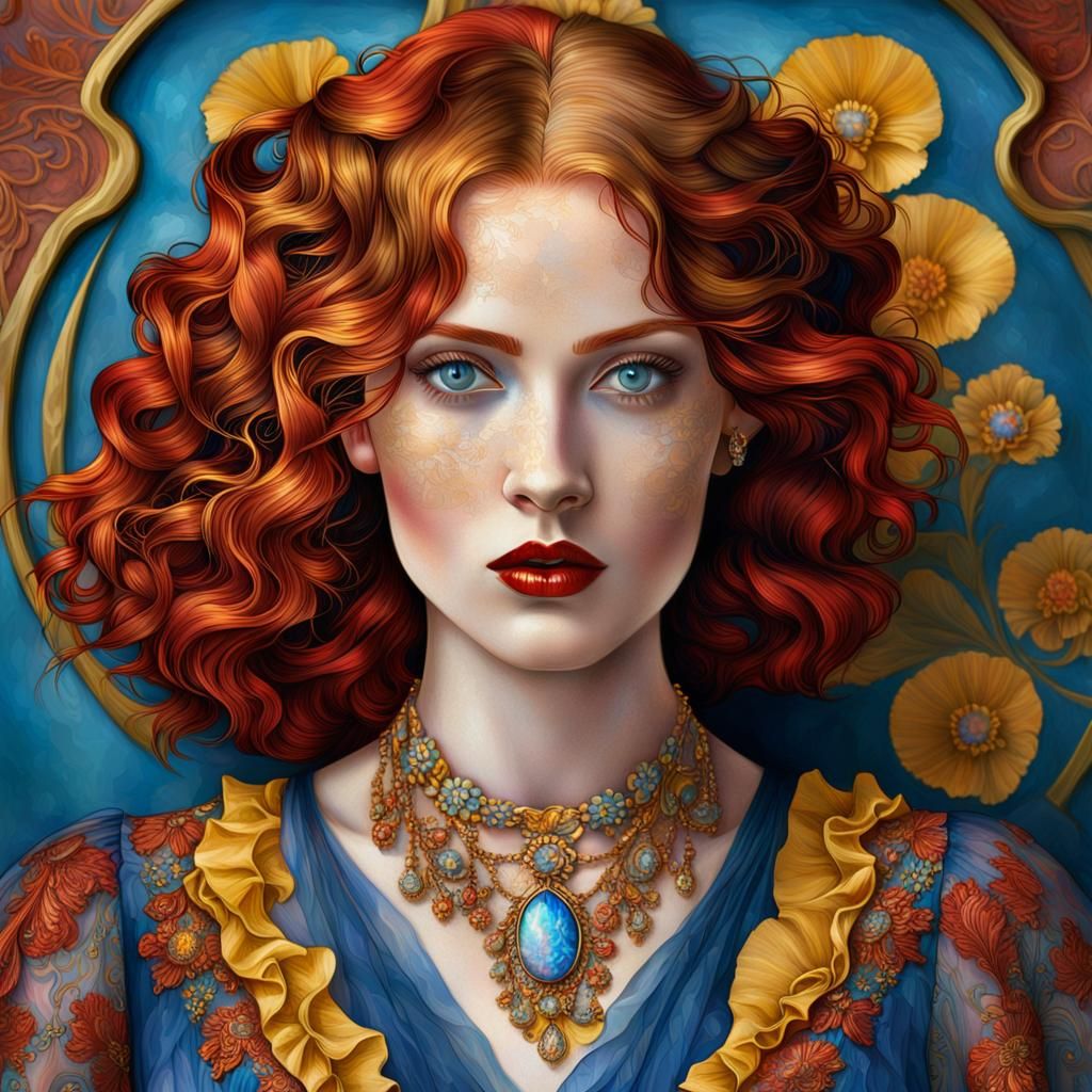 Highly stylized and artistic portrait of a young woman with fair skin and striking red hair styled in loose waves. She has large, expressive...