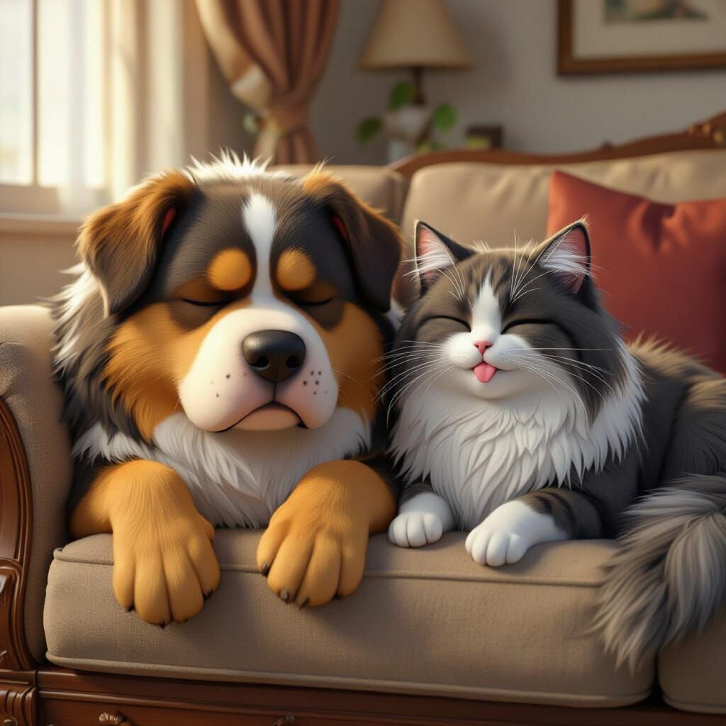 Sleepy Dog and Cat Relaxing on Sofa, 3D Anime Art