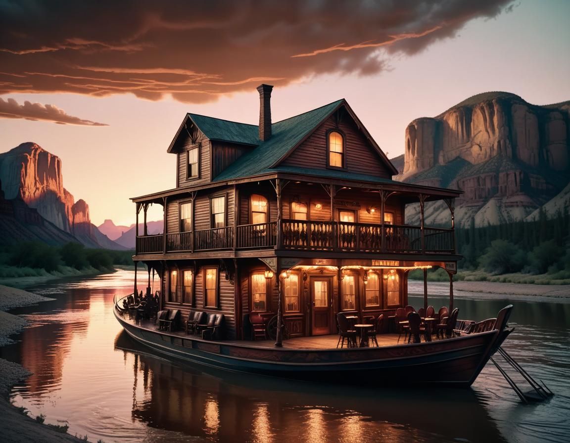 A Western country saloon floating on a river boat at sunset   by @Sunil
