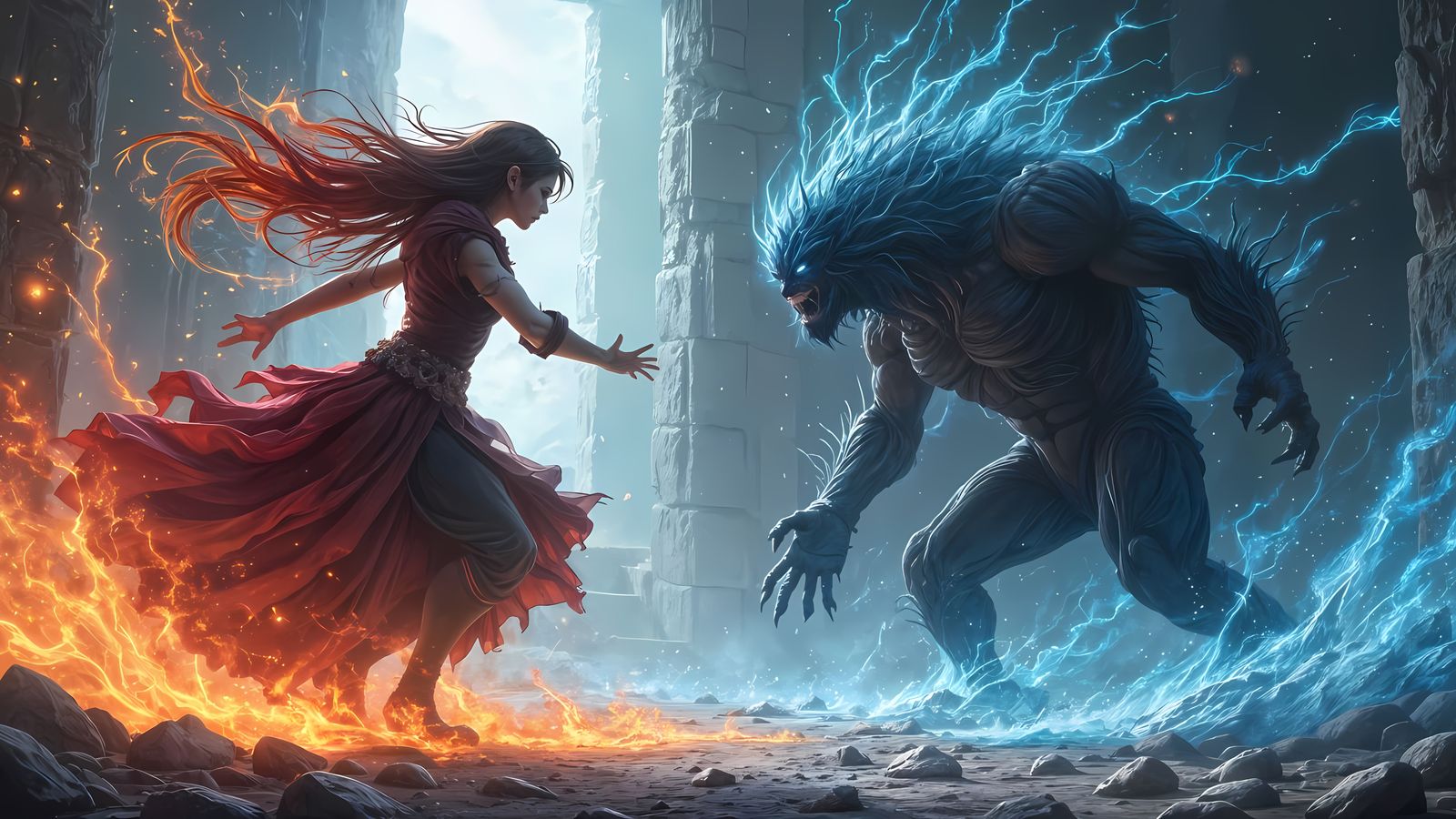 Sorceress Testing Opposing Elemental Magics  by @AshenAlar