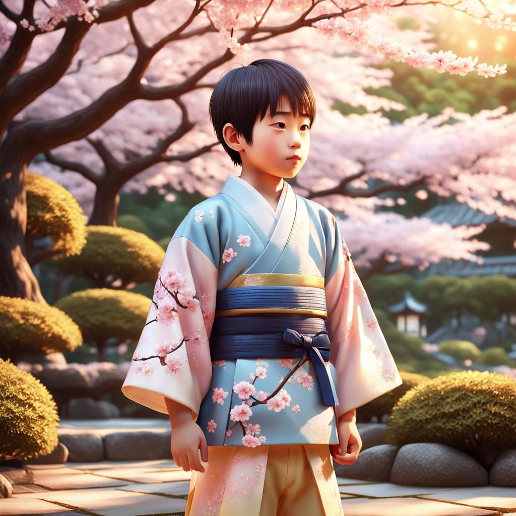 Young Boy in a Serene Japanese Garden Scene in Anime-Style 3...
