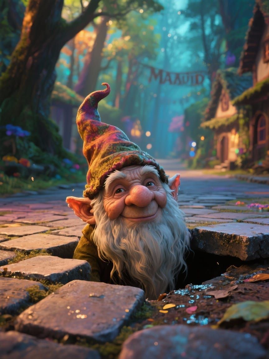 On the pavement along Main Street in a village in the forest, a paving stone is being lifted as the head of a gnome appears from beneath the...