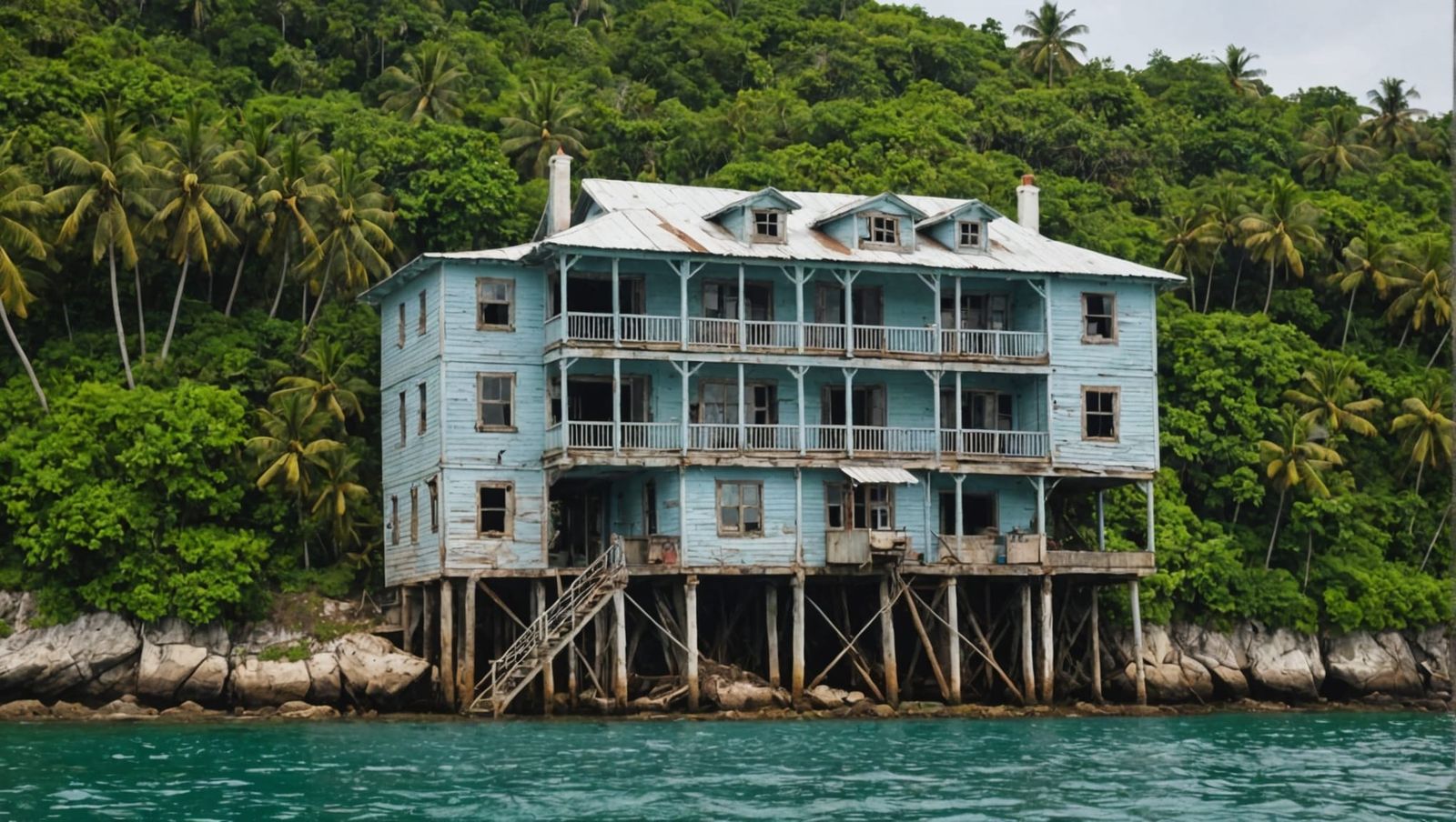 A multistorey rickety old house on a tiny island in the middle of the