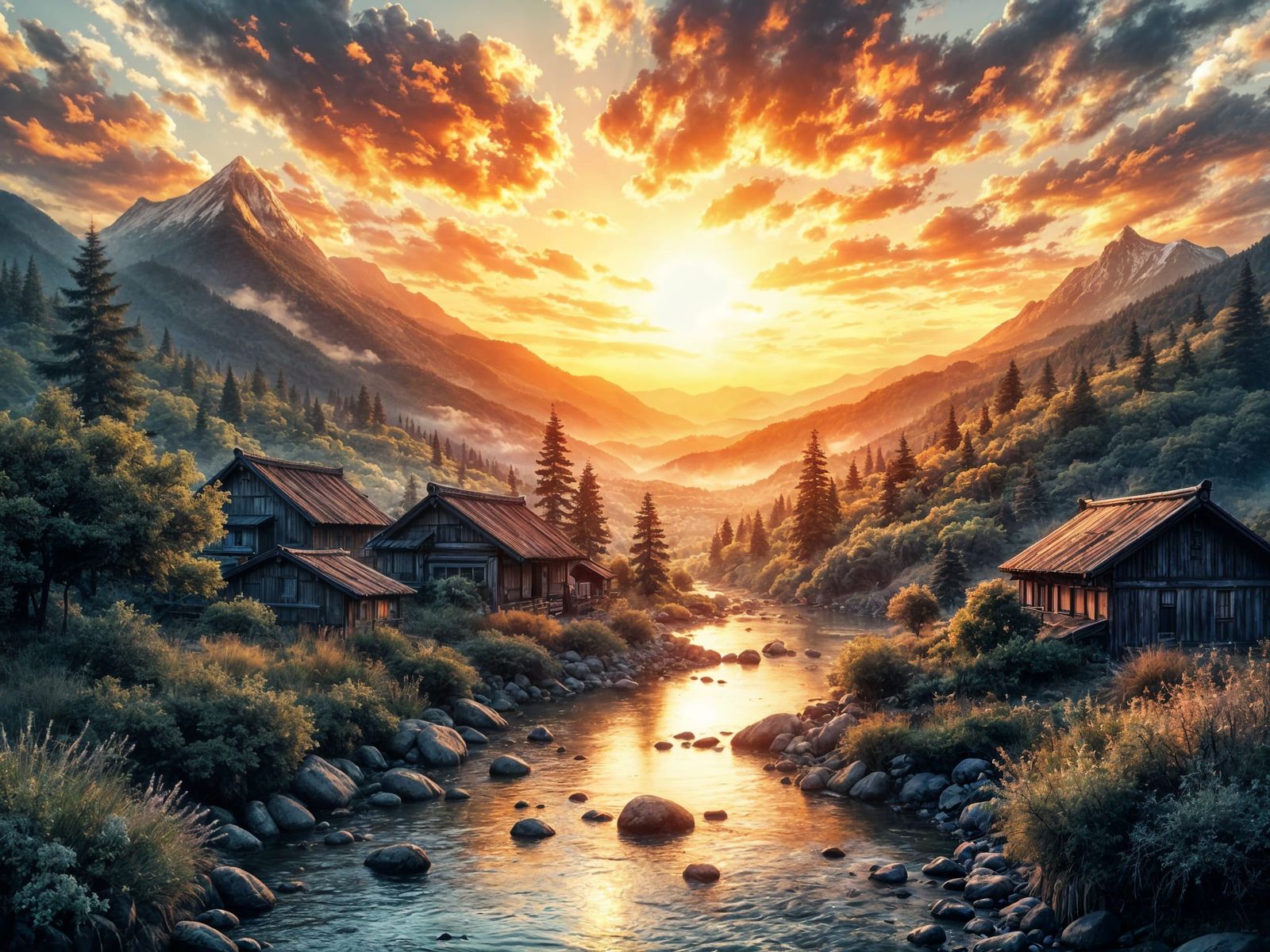 Glowing Ink Village Sunset in Japanese Style