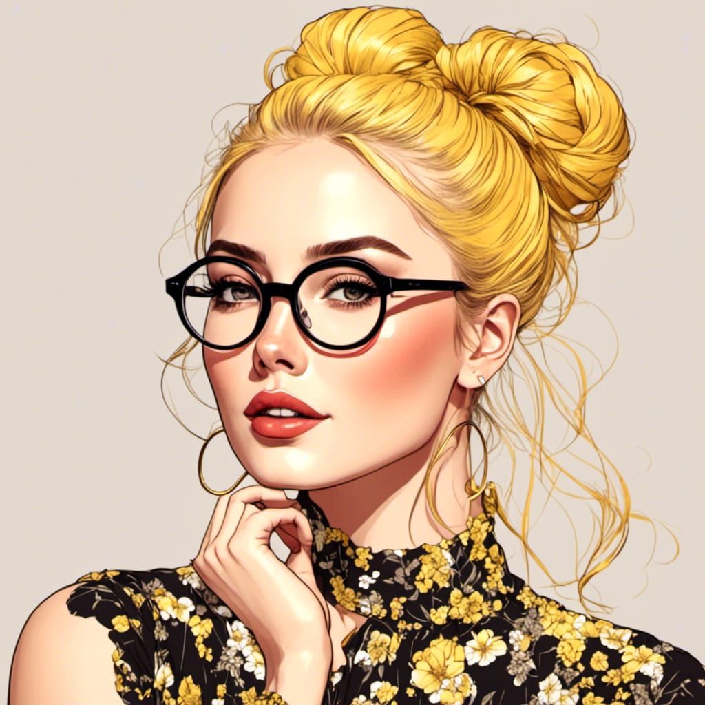 <lora:Line Art Style:1.0> beautiful woman, yellow hair in a bun, glasses