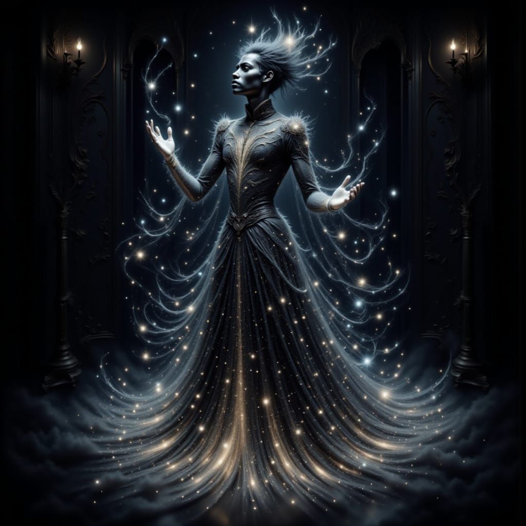 <lora:Darkspark Intensity:1.0> Glowing dynamic dancing black spirit man in a dark room in a Victorian dress, glowing ghost man in a dark bla...