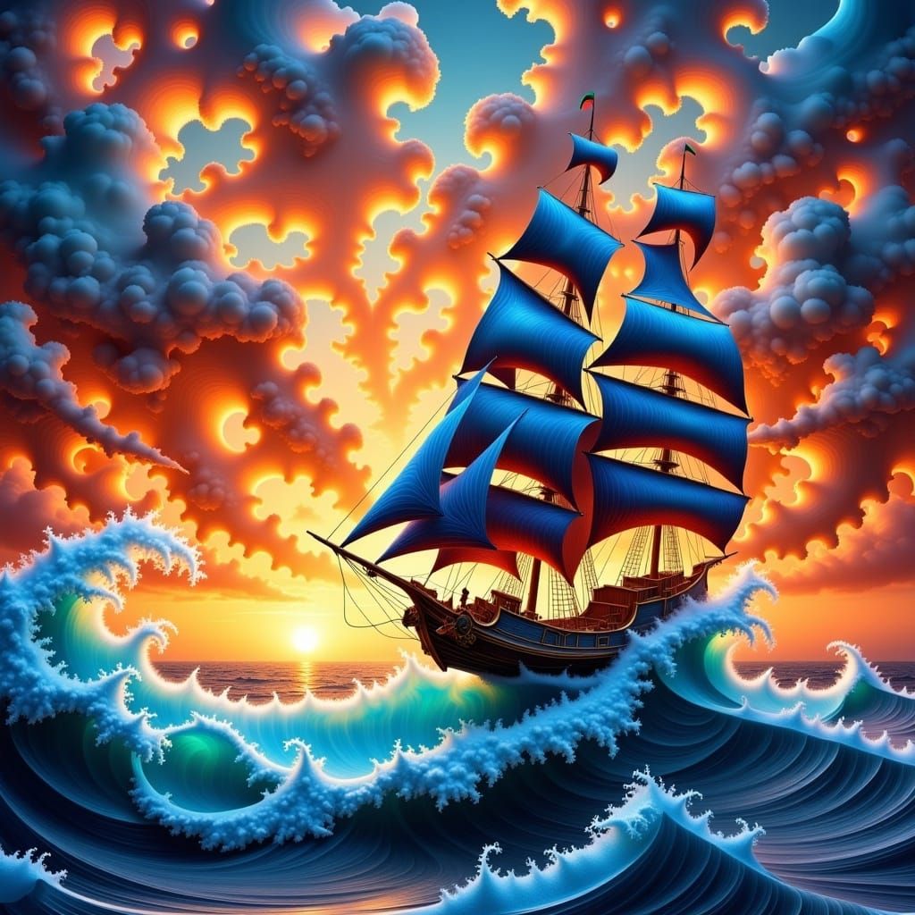 Photorealistic Fractal Sailboat, 3D, hyperrealistic, hyperdetailed, maximalist, at Sunset, electrical fractal lightning storm, Crashing frac...