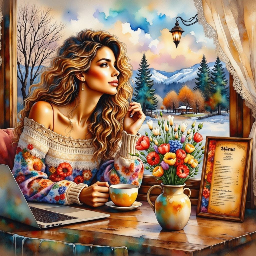 Woman Enjoys Coffee in Mountain Cafe Impressionist Painting