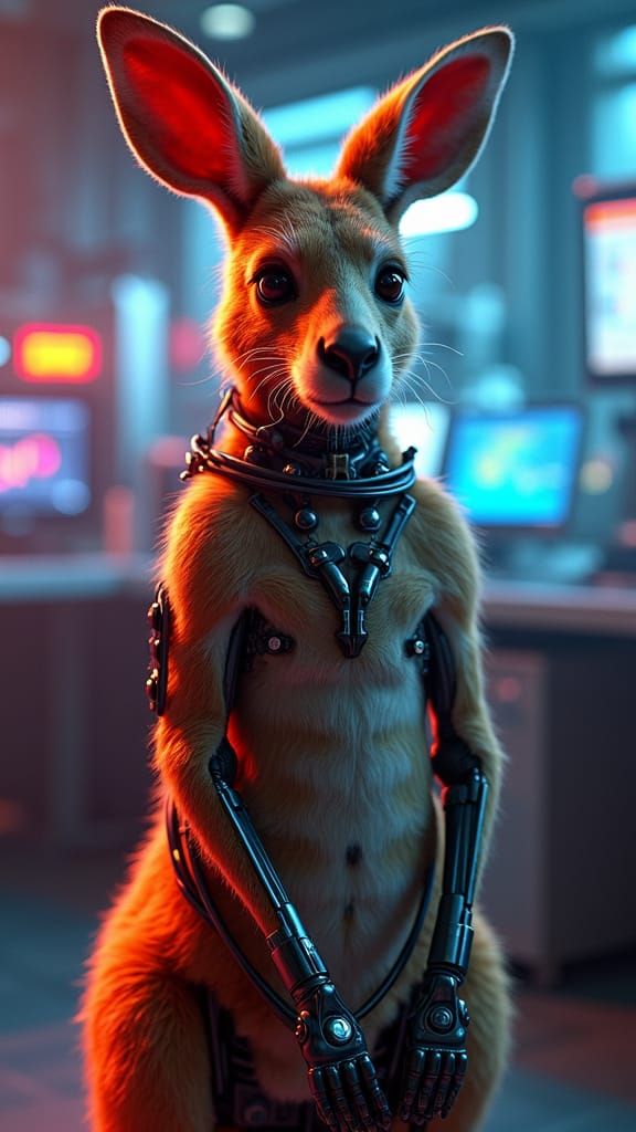 Ultra Detailed Unreal Engine 5+MiDaS v 3.1 Depth Map effect portrait of Cybernetic Kangaroo with highly charged equipment and while around i...