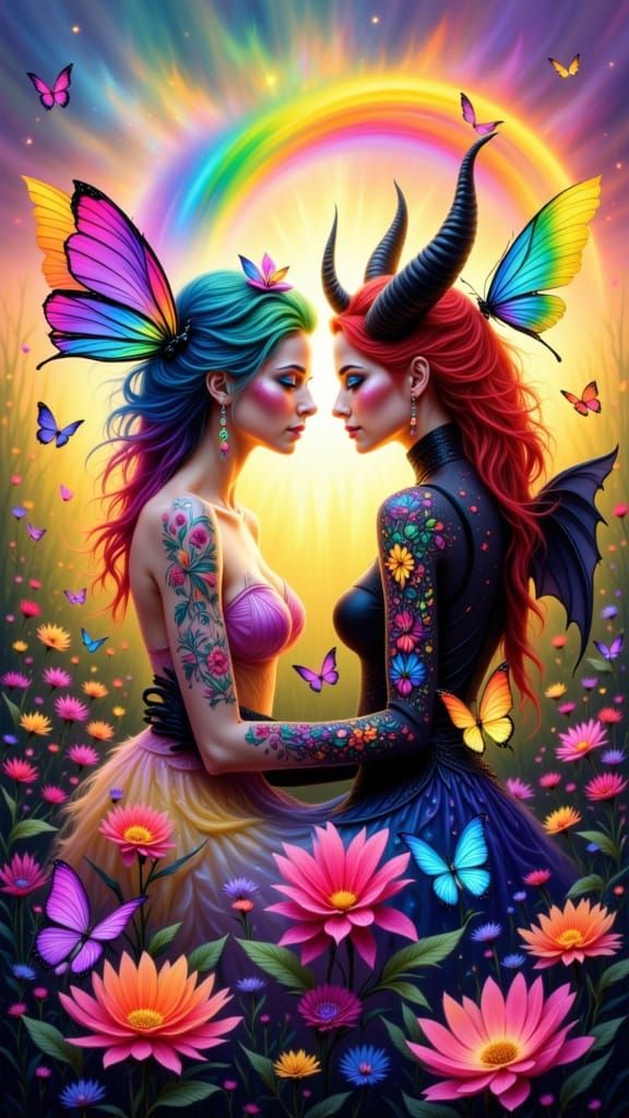 Rainbow Goddess and Demoness in Magical Flower Field