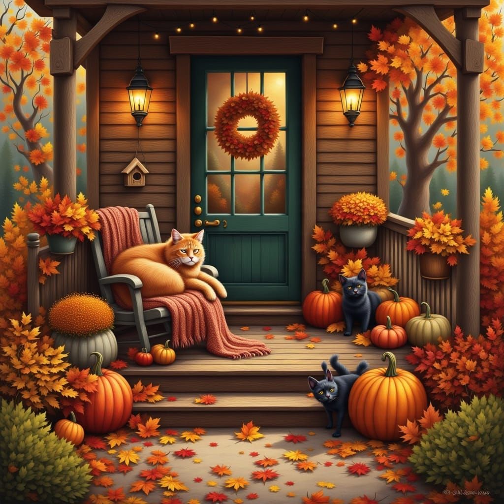 <lora:Autumn dreamer:1.0> A cozy and enchanting cottage porch scene, heavily leaning into a whimsical, slightly magical cottage-core aesthet...