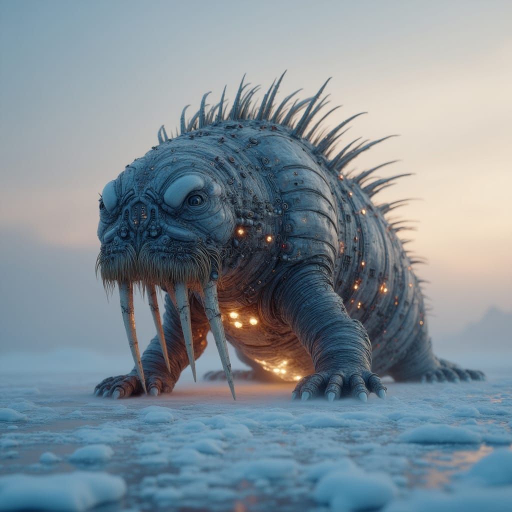 <lora:Animal Mutants:1.0> HD photography of a sci-fi alien mutant walrus with iron tusks and armored gas sacs, dragging itself across an irr...