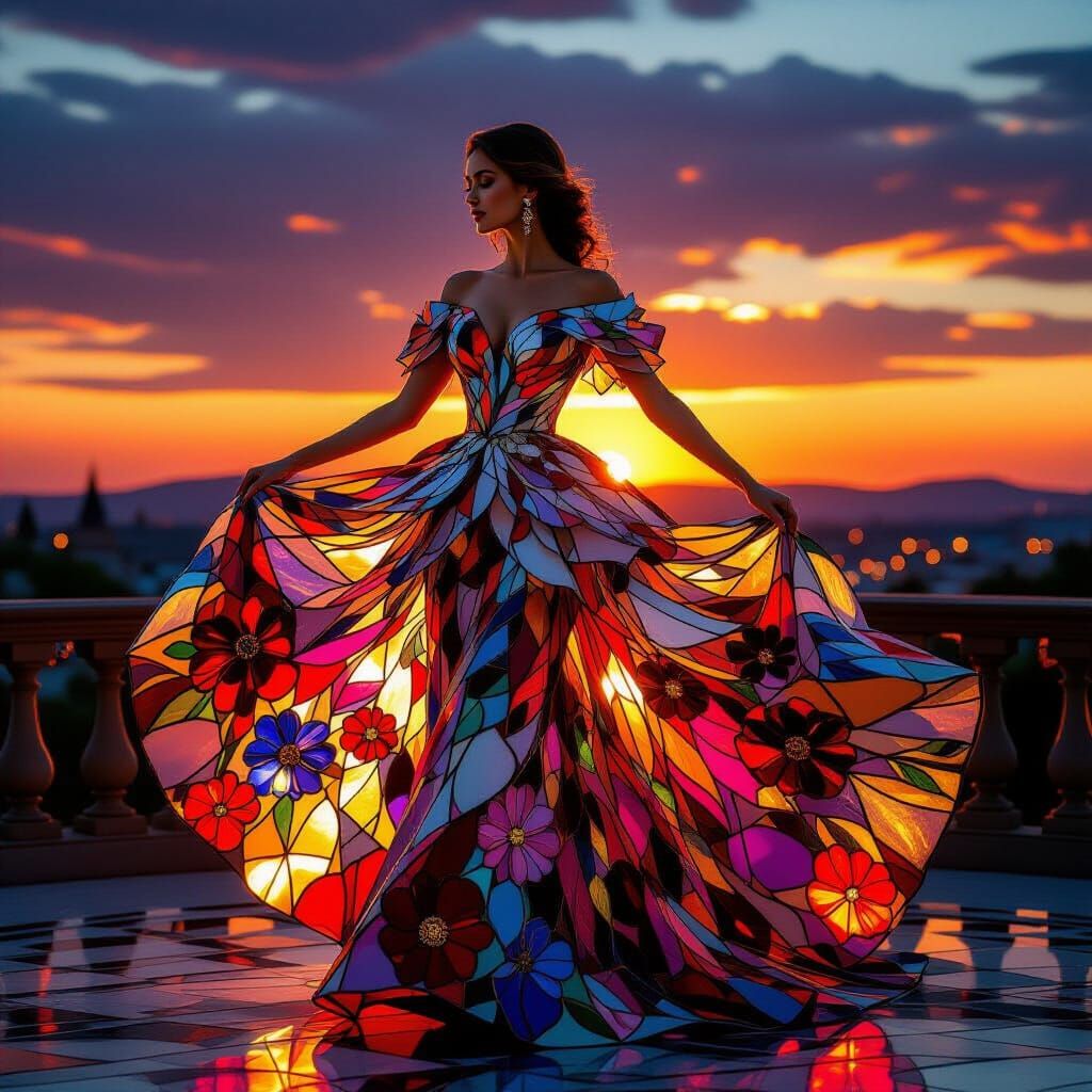 An elegant lady in motion, wearing a breathtaking stained glass floral dramatically layered gown with layered stone petals shimmering like r...