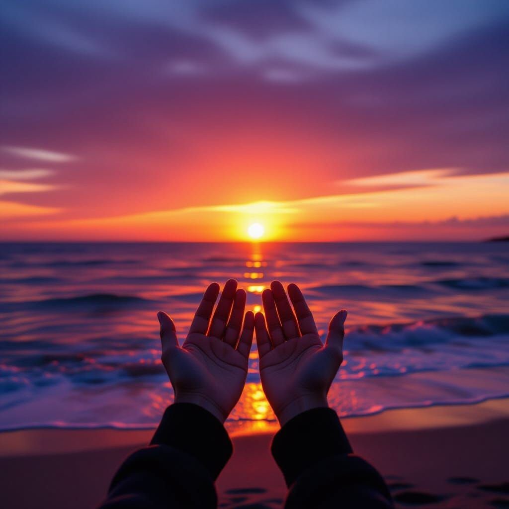 Person Holding Sunset Sun on Beach