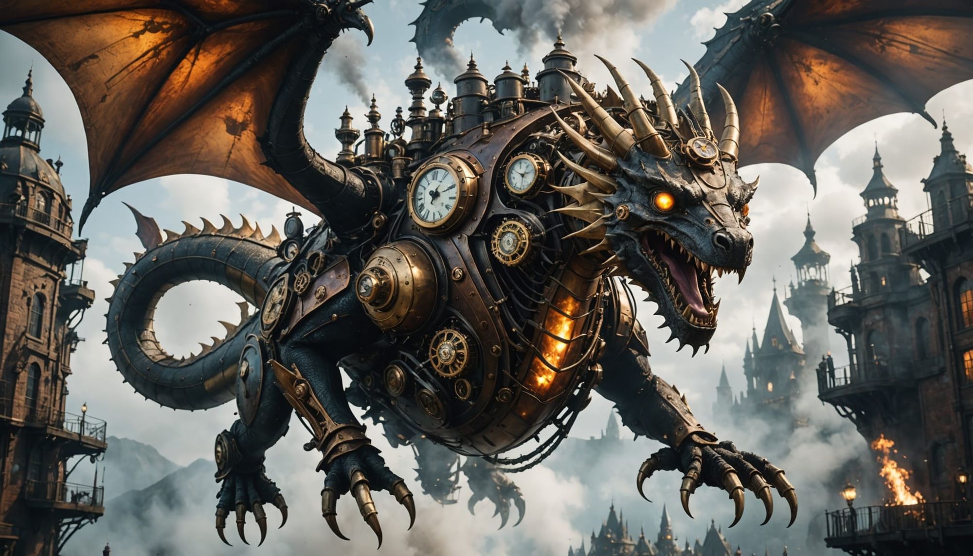 Add a massive, floating, clockwork, (((Steampunk)))  dragon overhead, spewing mist, hyperrealistic, hyper-detailed, octane rendering, photor...