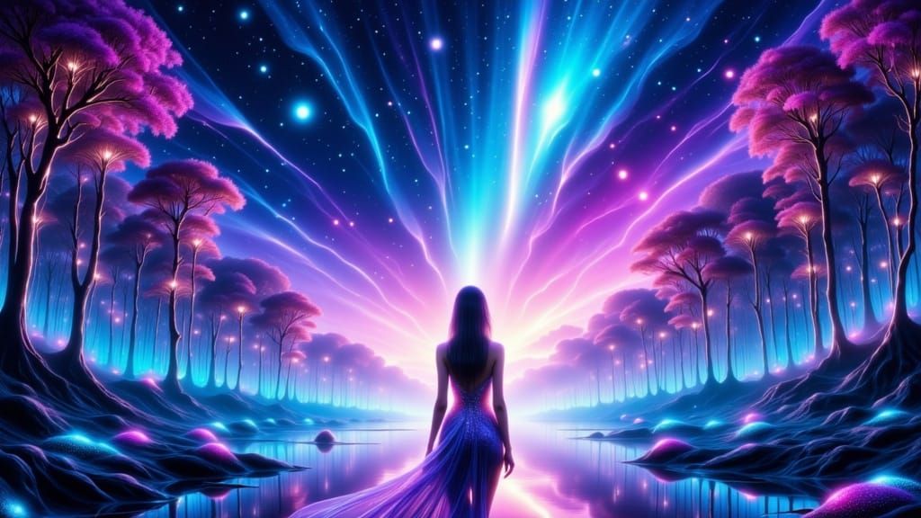 Cosmic Beach Scene with Aurora and Nebula