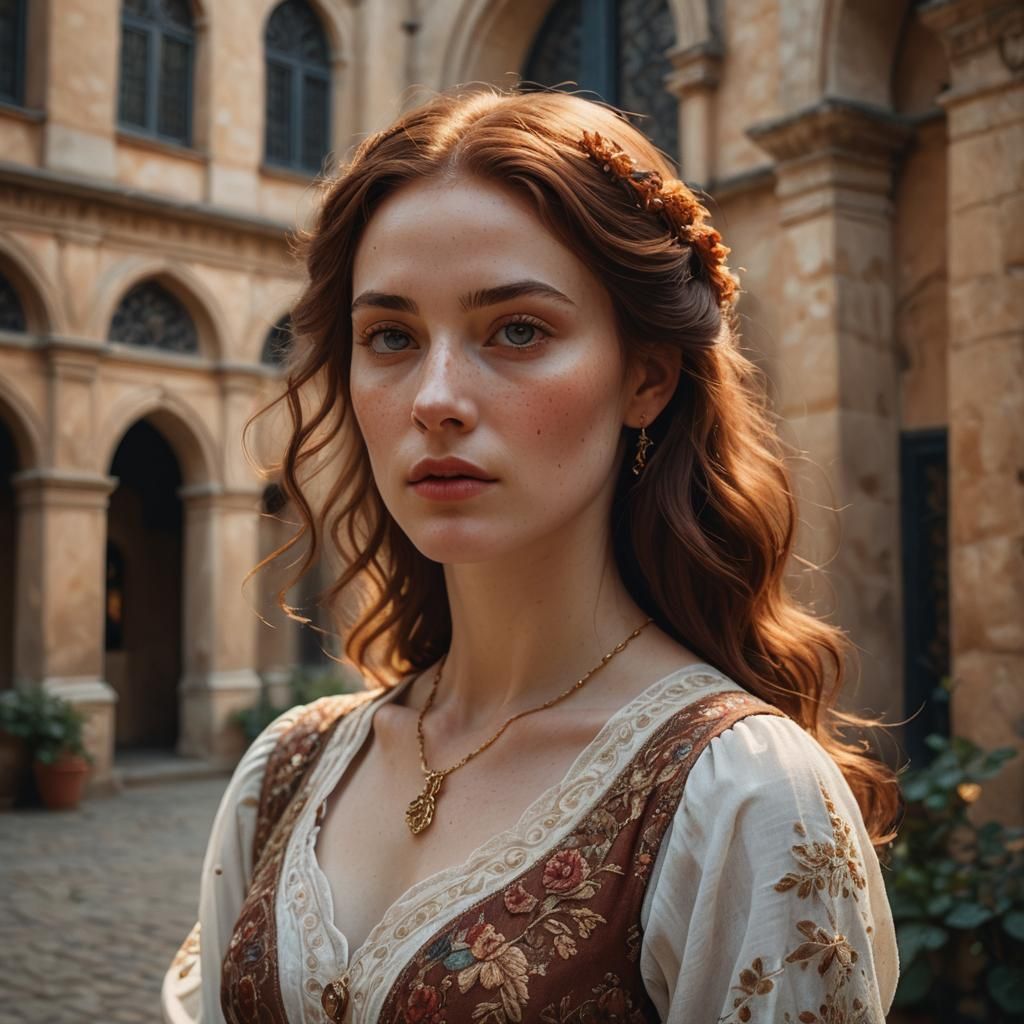 Elegant Woman in Golden Hour European Courtyard