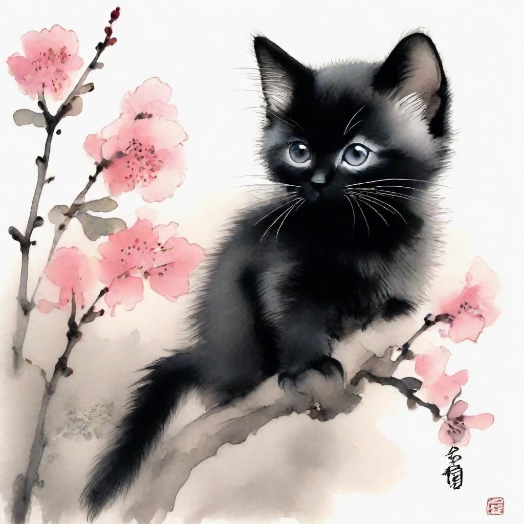 Kitten. Sumi-e water ink painting.   by @Martinacats 