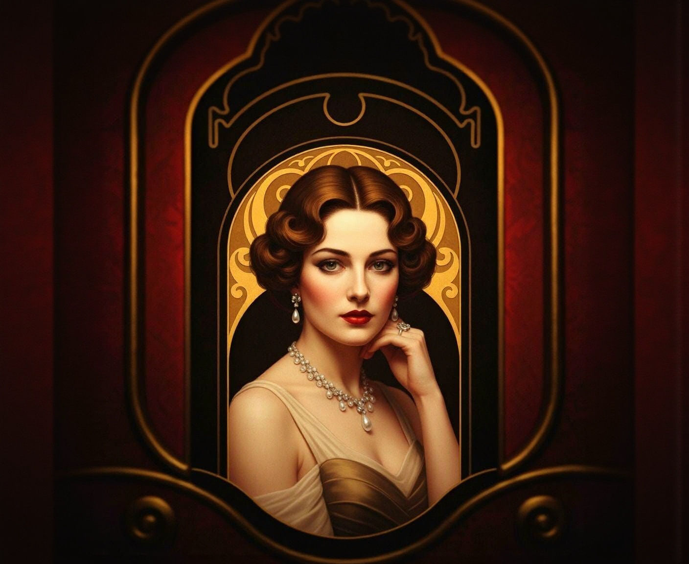 An art deco style masterpiece of an elegant lady in the 1900s inside of a high class club

