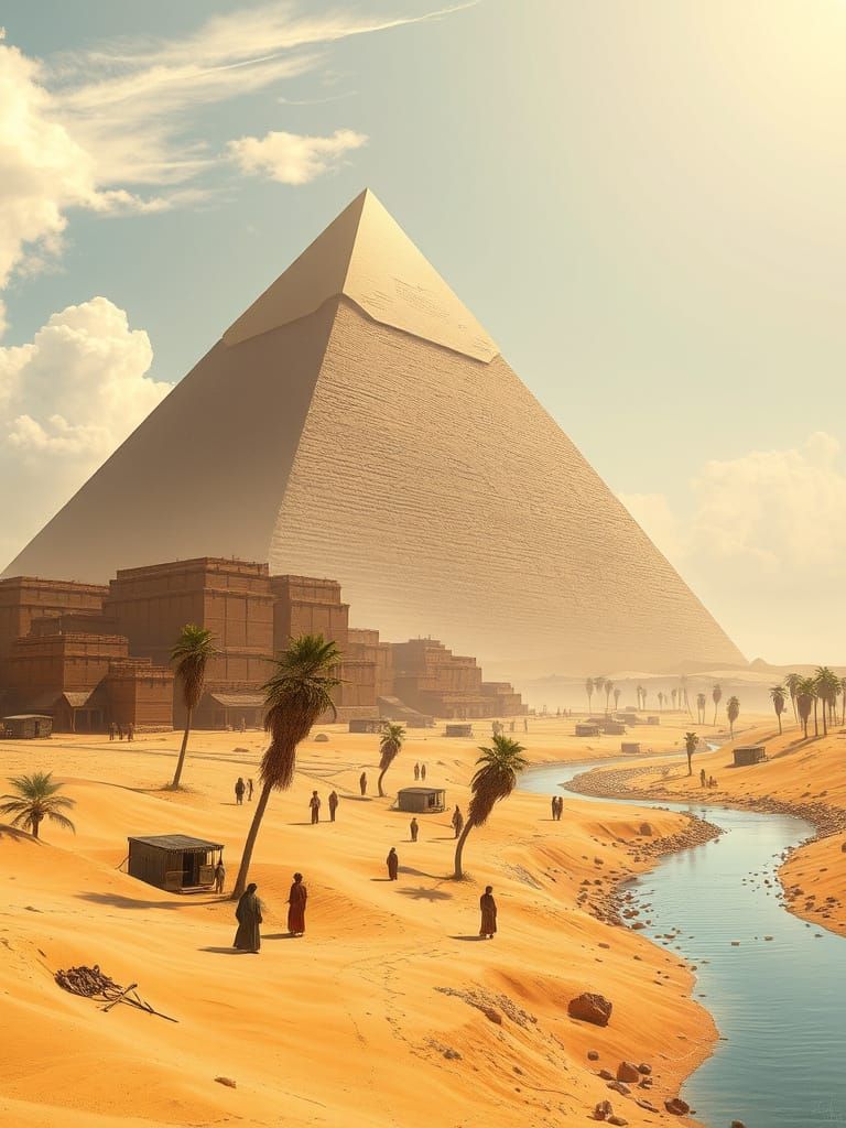 A super detailed CGI scene with a massive pyramid-like structure in the backdrop. Up front, there's a desert with sandy terrain, a river, an...