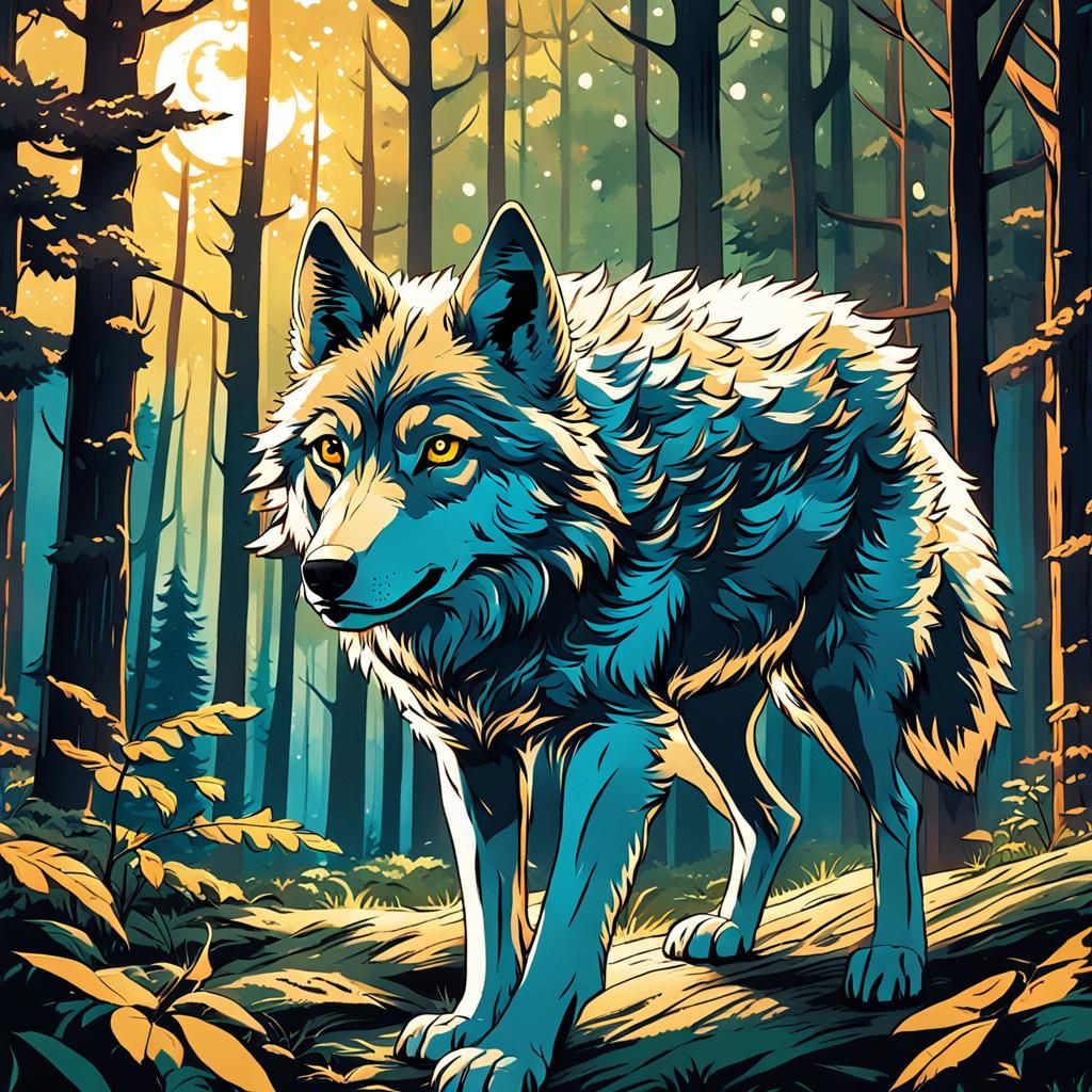 Anime-Style Wolf in Forest Glow