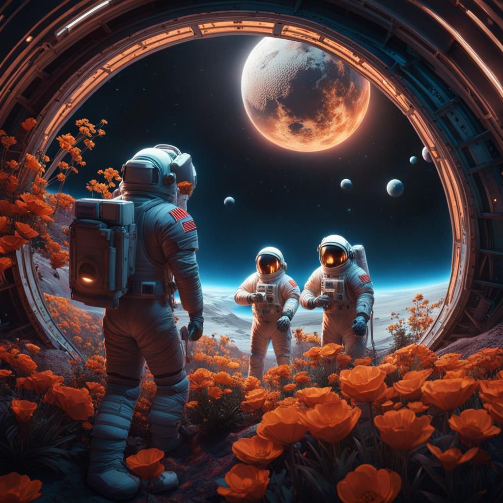 Three men in spacesuits tending to the flowers in a geodesic dome of atmosphere on the moon.  by @lily the Labrador