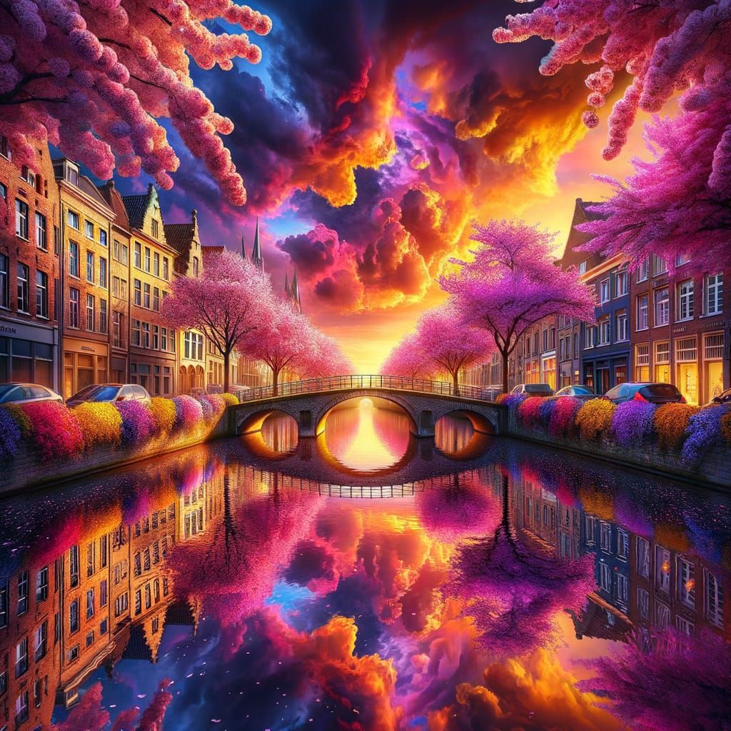 Vibrant Venetian Canal with Cherry Blossoms at Sunrise