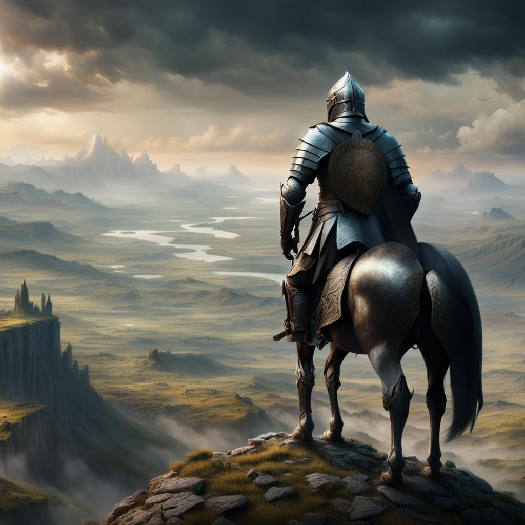 Valiant knight standing on a ridge overlooking a vast landscape - AI ...