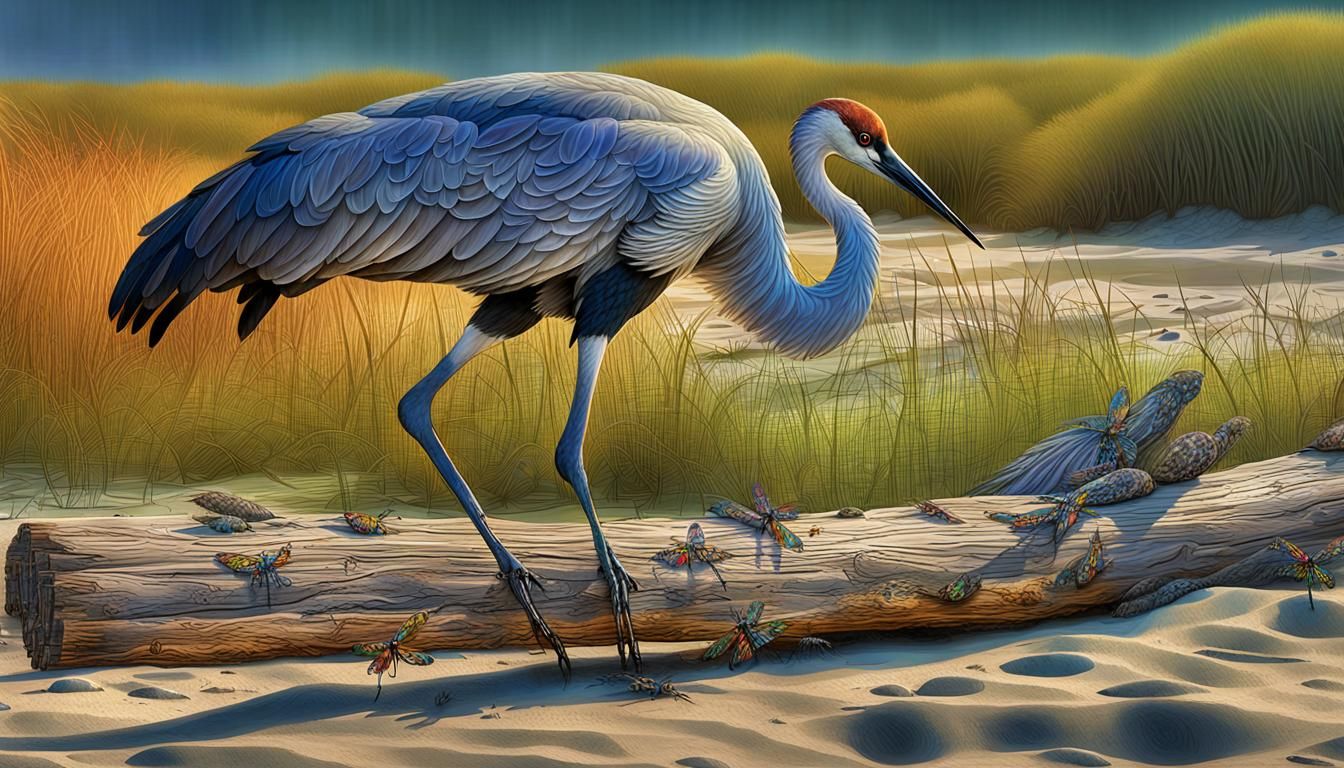 In a sun-dappled clearing, a crane perches on a weathered log, its feathers adorned with shimmering patterns ...  by @HGB