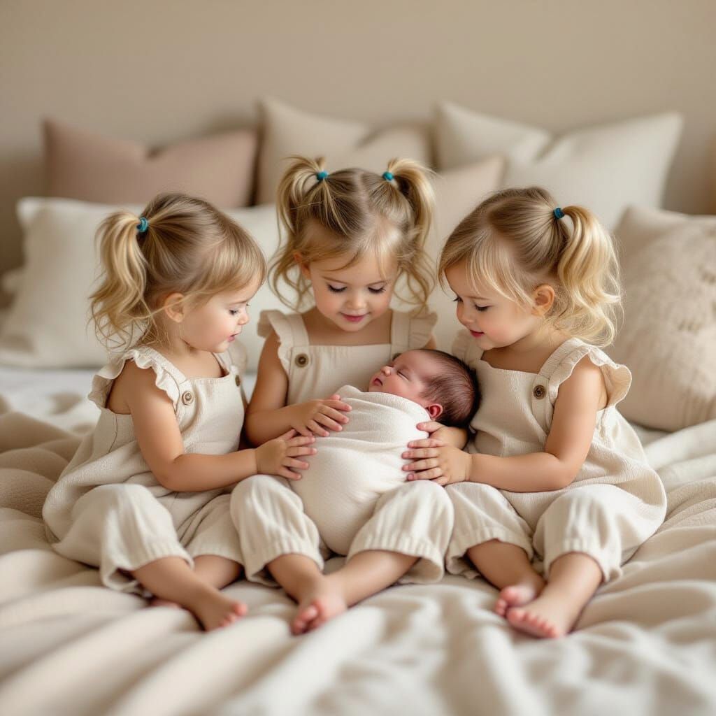 Triplets Cradling Baby Sister: Ethereal Photography