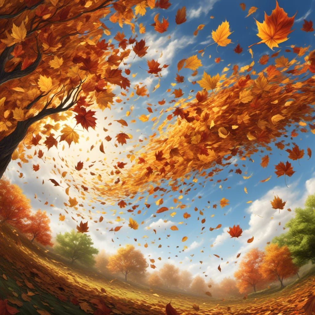 Leaves scattering blowing around in the wind, through the sky. Swirling, blowing, brisk wind, impressionist. detailed matte painting, dynami...