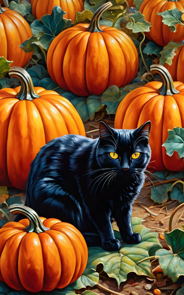 Black cat and pumpkins