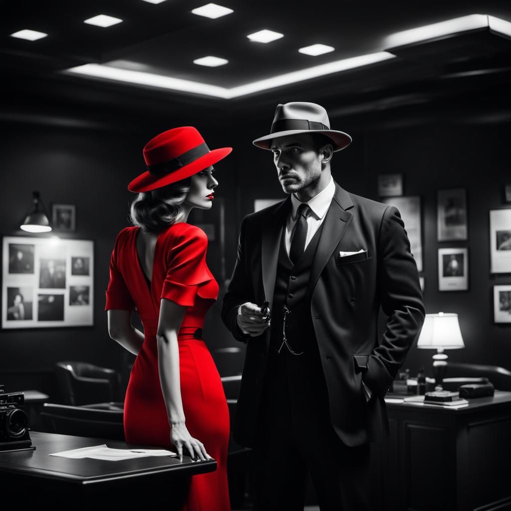 Private detective office. Man in suit and hat. Girl in red dress, color highlight. Cinema noir, black ...  by @Leandro Erran