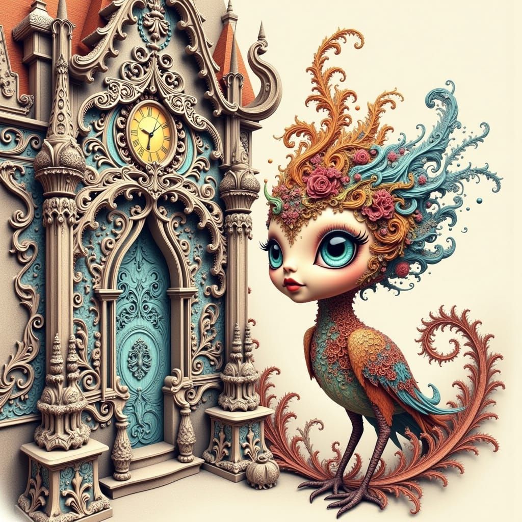 <lora:fract:1.0> fractal art A big-eyed, thin-legged boho bird stands next to a baroque building. By Romain Mennetrier. Pencil drawing with ...