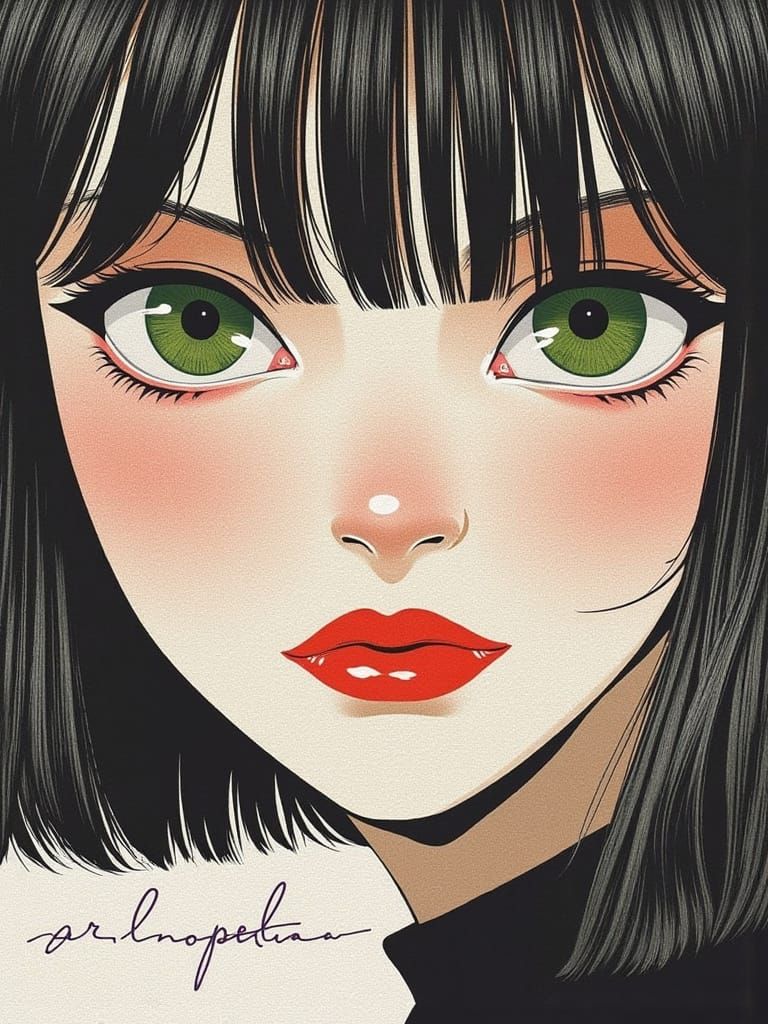 Anime Woman with Green Eyes and Red Lips in Minimalist Style