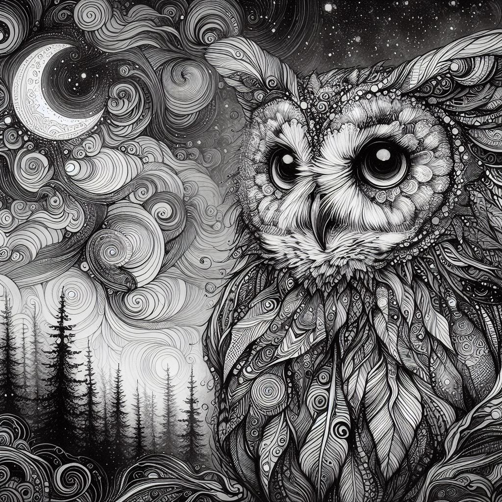 Whimsical Owl at night, ornamented